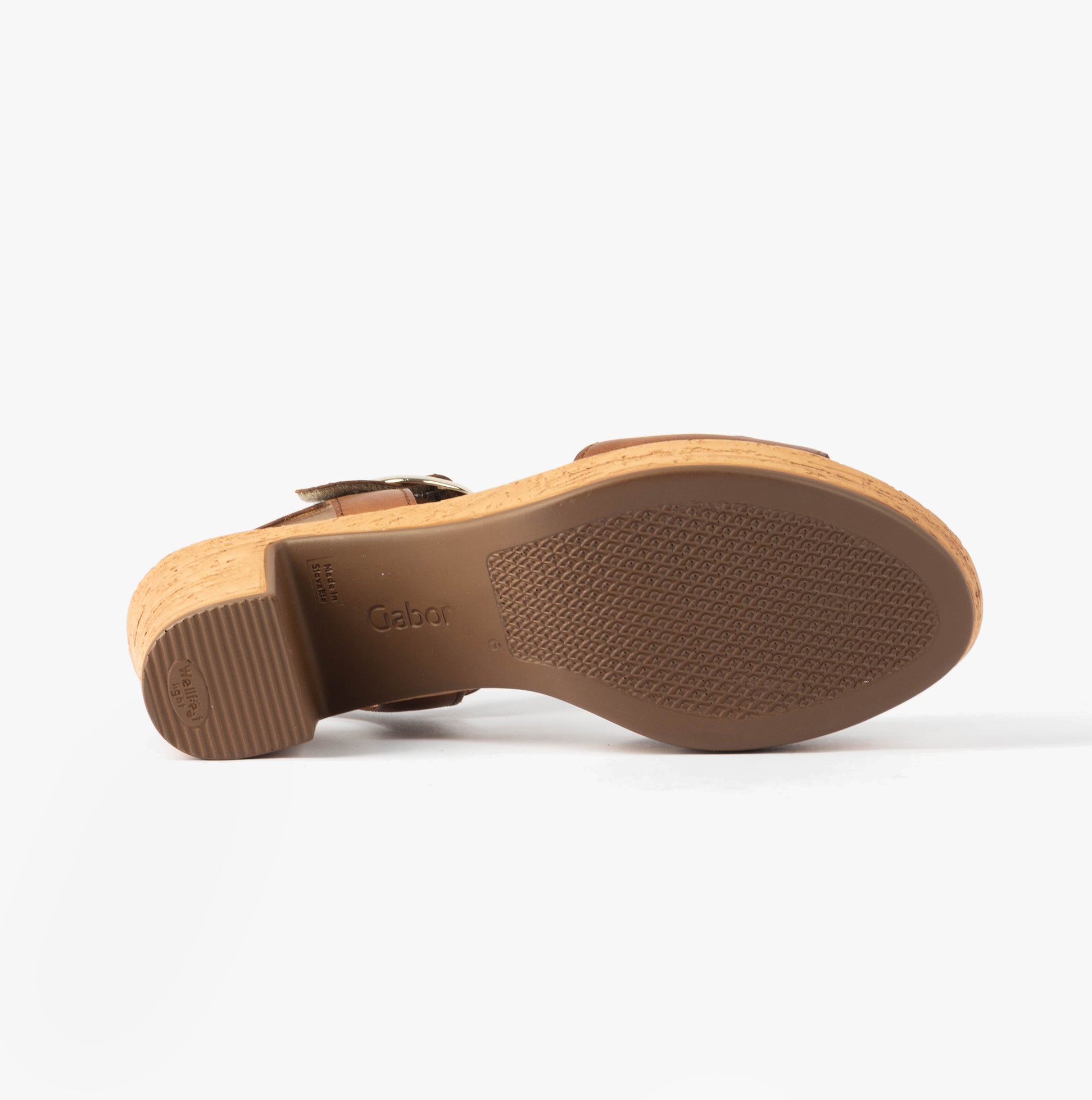 Gabor FANTASTICA Womens Sandals Brown bottom view showcasing rubber sole and block heel design.
