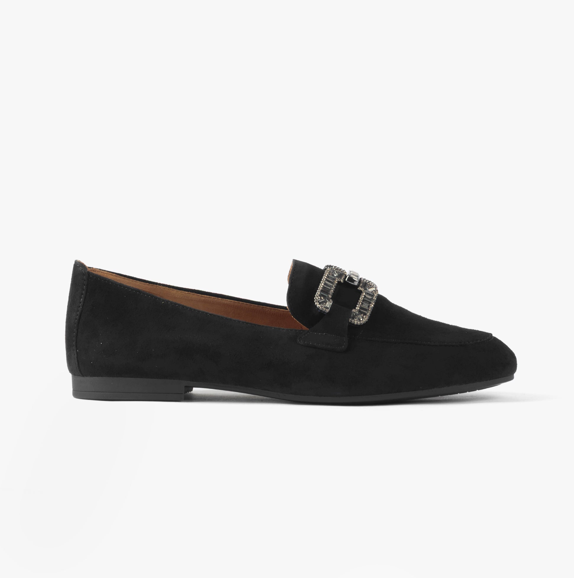 Gabor JACKIE Womens Shoes Black side view featuring a loafer design, suede upper, and decorative buckle.