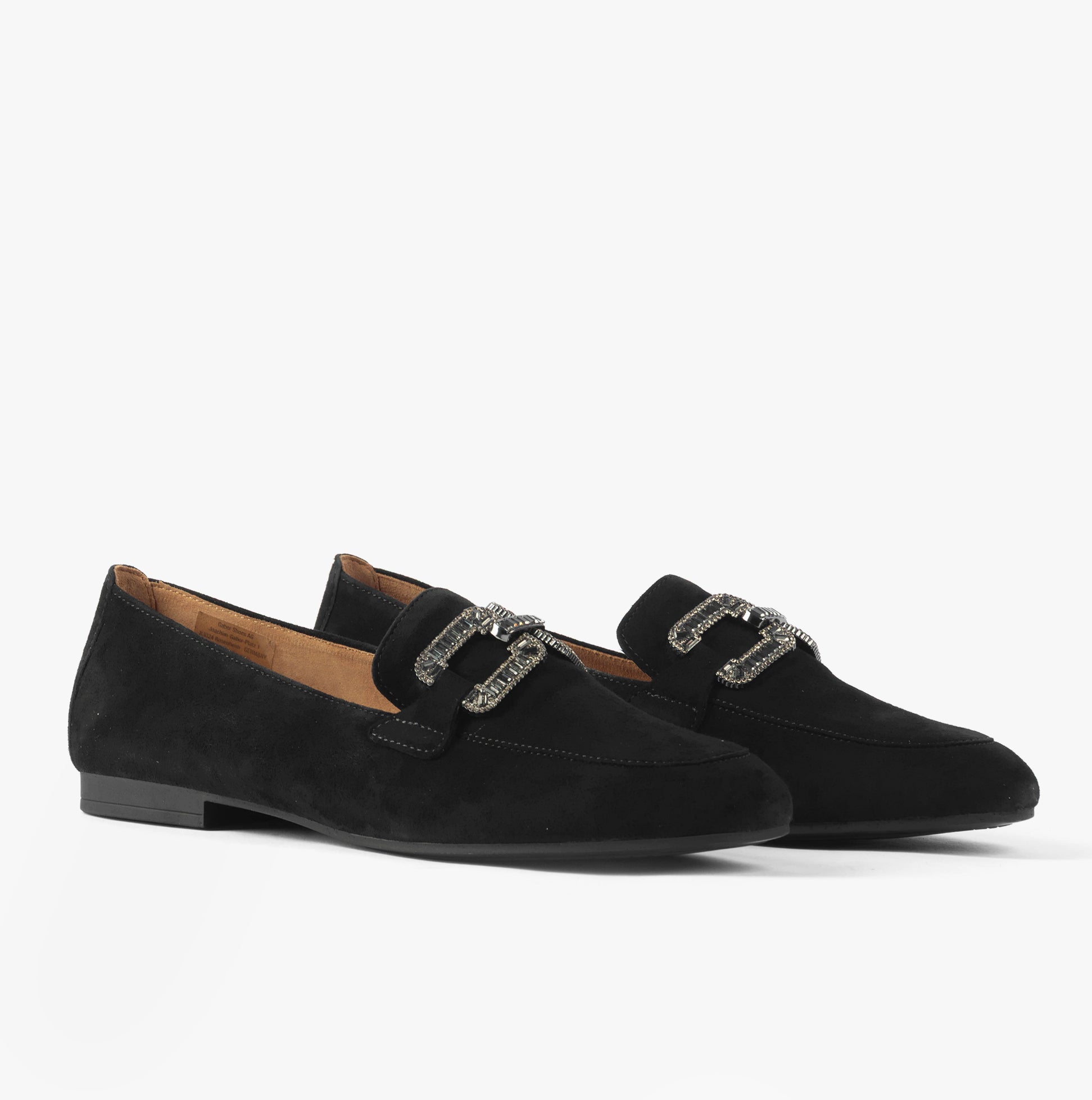 Gabor JACKIE Womens Shoes Black side view, suede loafers with decorative buckle, comfortable and lightweight footwear.