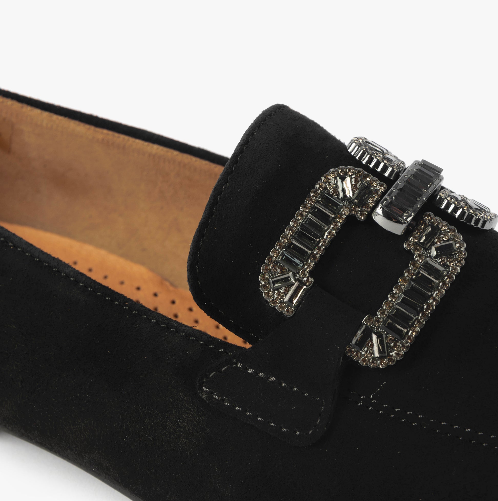 Gabor JACKIE Womens Shoes Black detail view showing suede upper and decorative buckle, highlighting comfort and lightweight design.