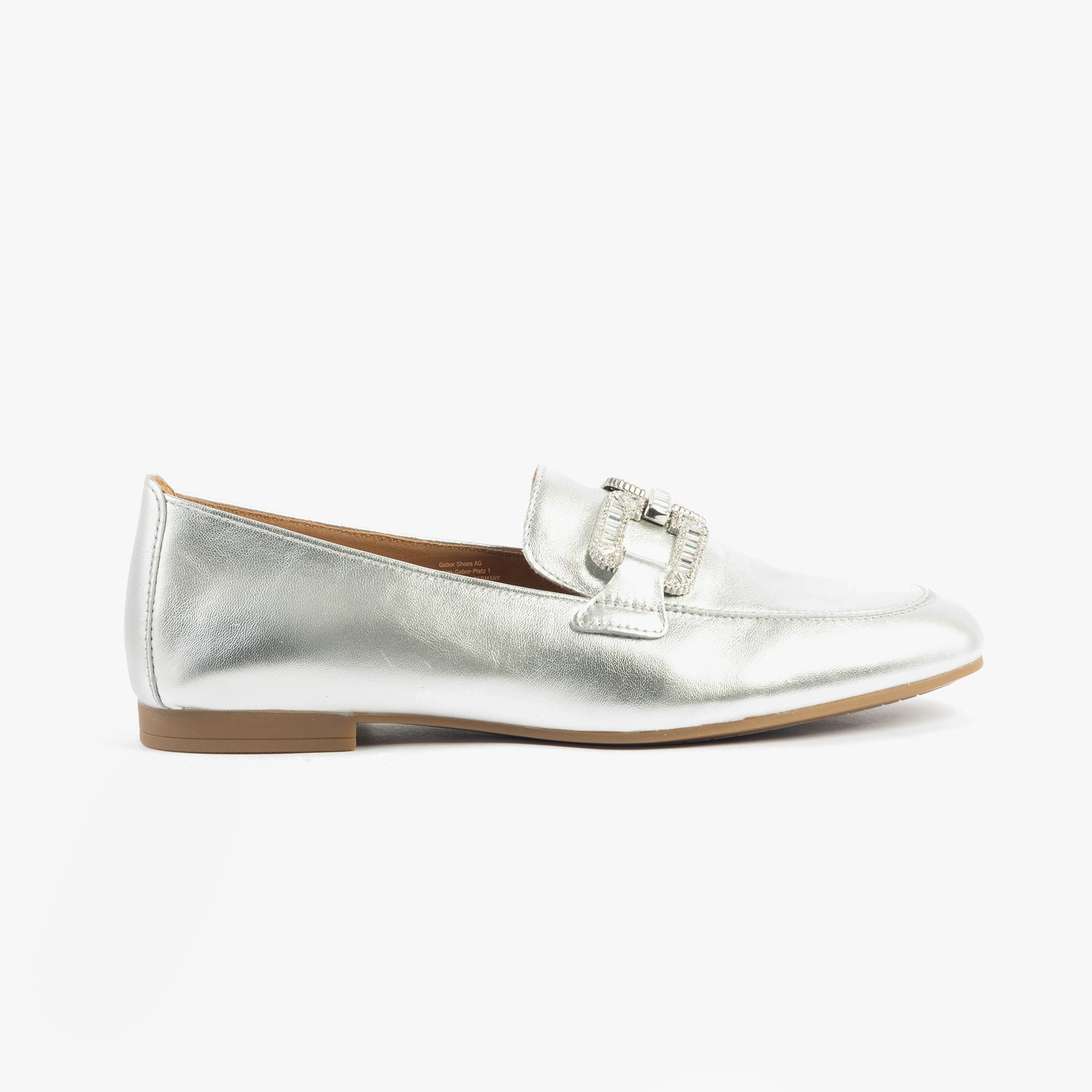 Gabor JACKIE Womens Loafers Silver side view featuring leather upper, slip-on design, and flat rubber sole.
