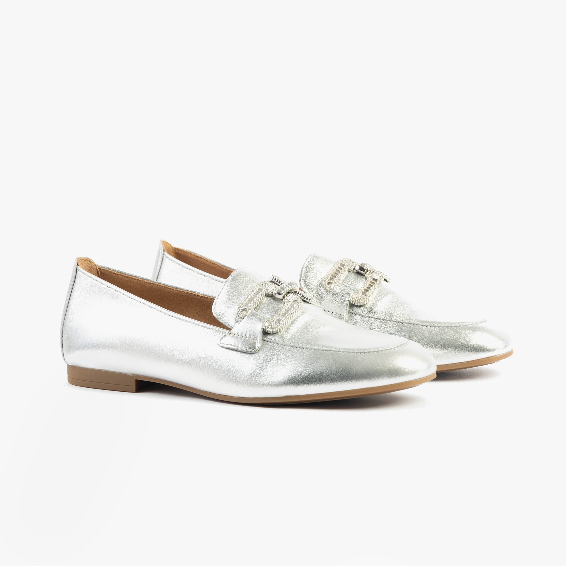 Gabor JACKIE Womens Loafers Silver side view showcasing leather upper and slip-on design.