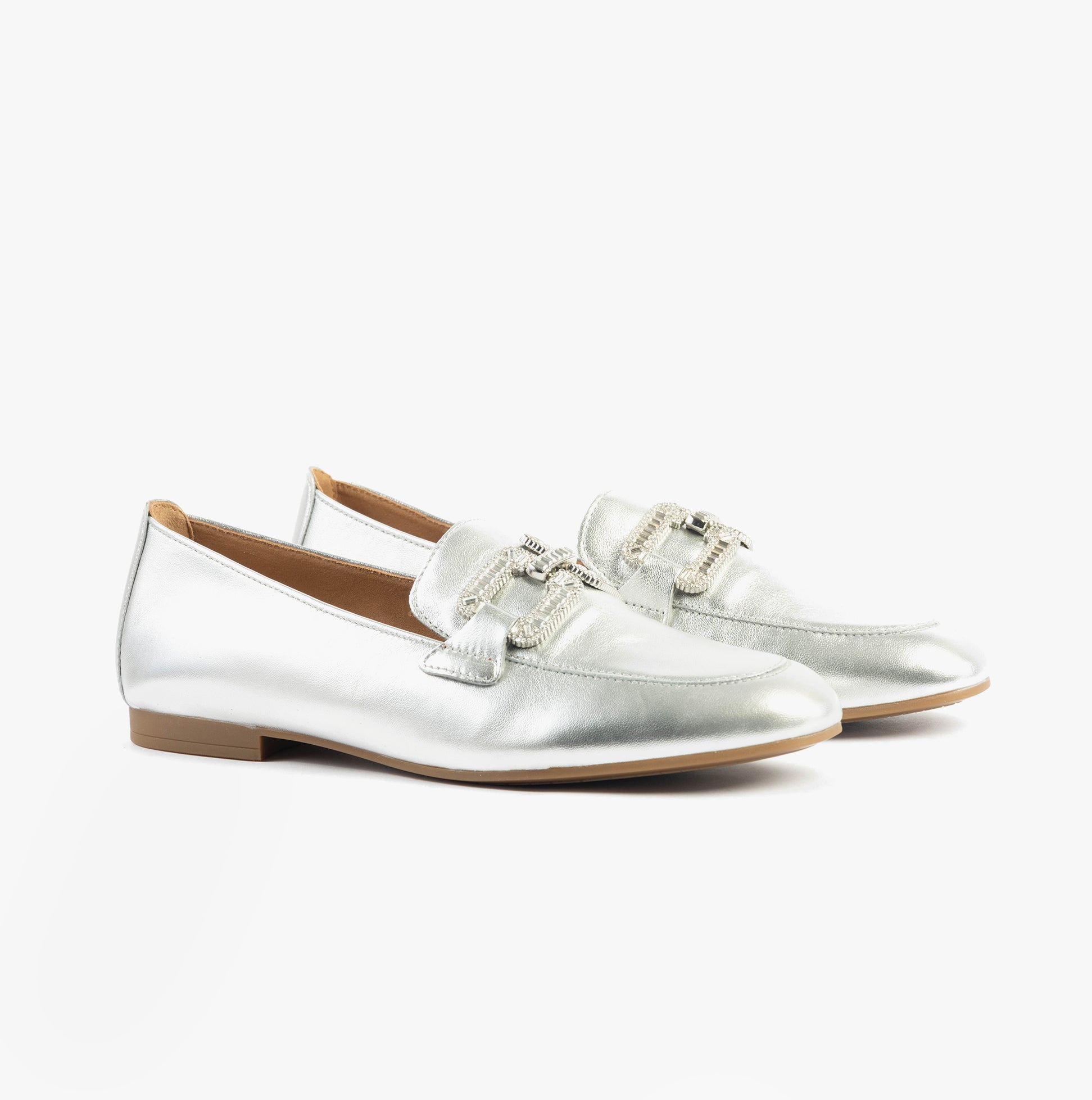Gabor JACKIE Womens Loafers Silver side view showcasing leather upper and slip-on design.