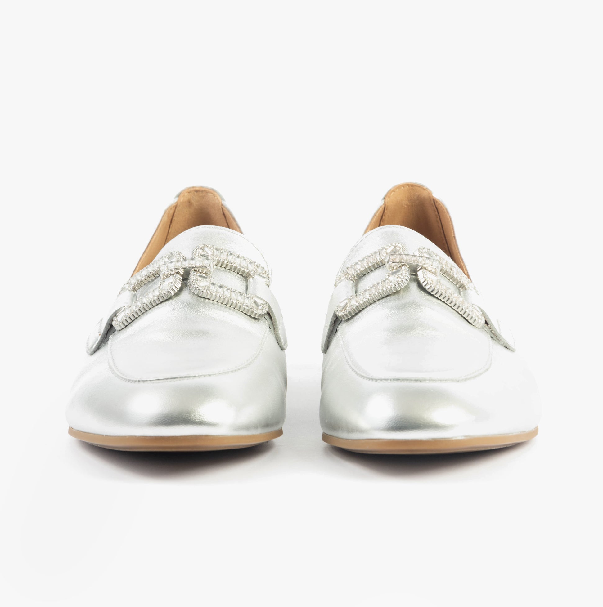 Gabor JACKIE Womens Loafers Silver front view showcasing leather upper and decorative chain detail.