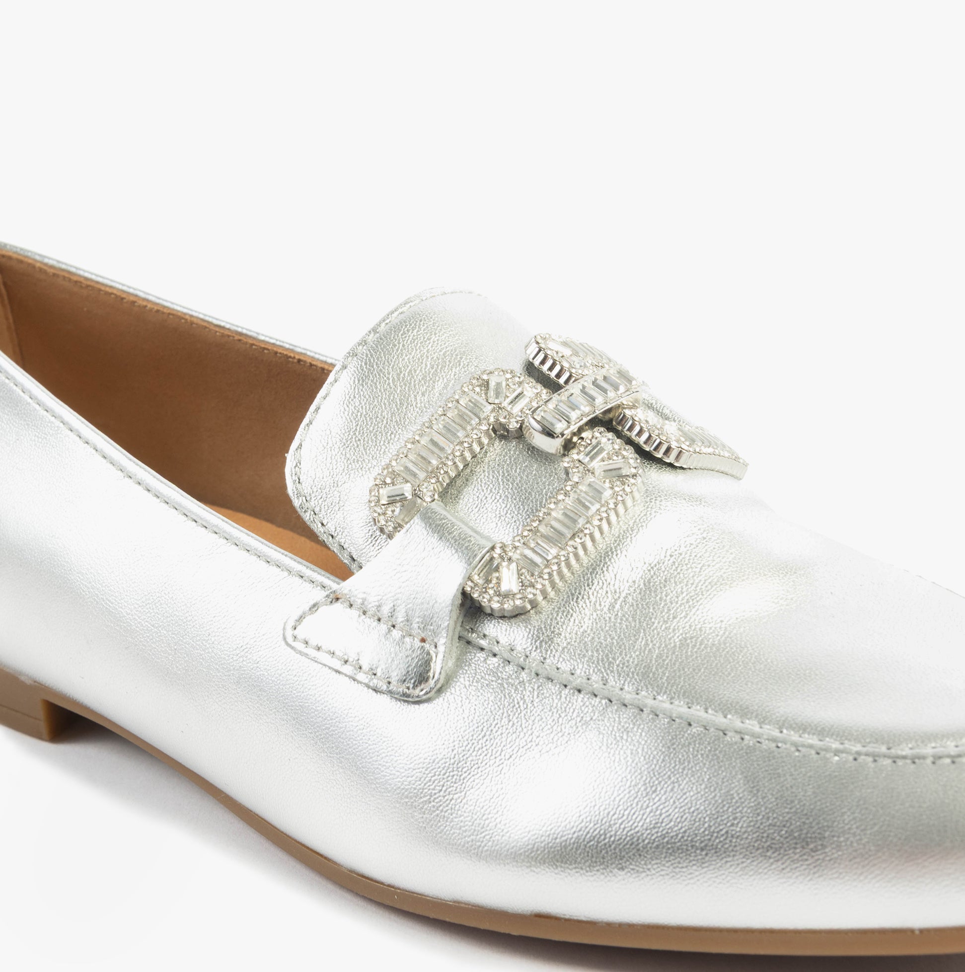Gabor JACKIE Womens Loafers Silver front view with decorative buckle, leather upper and flat sole.