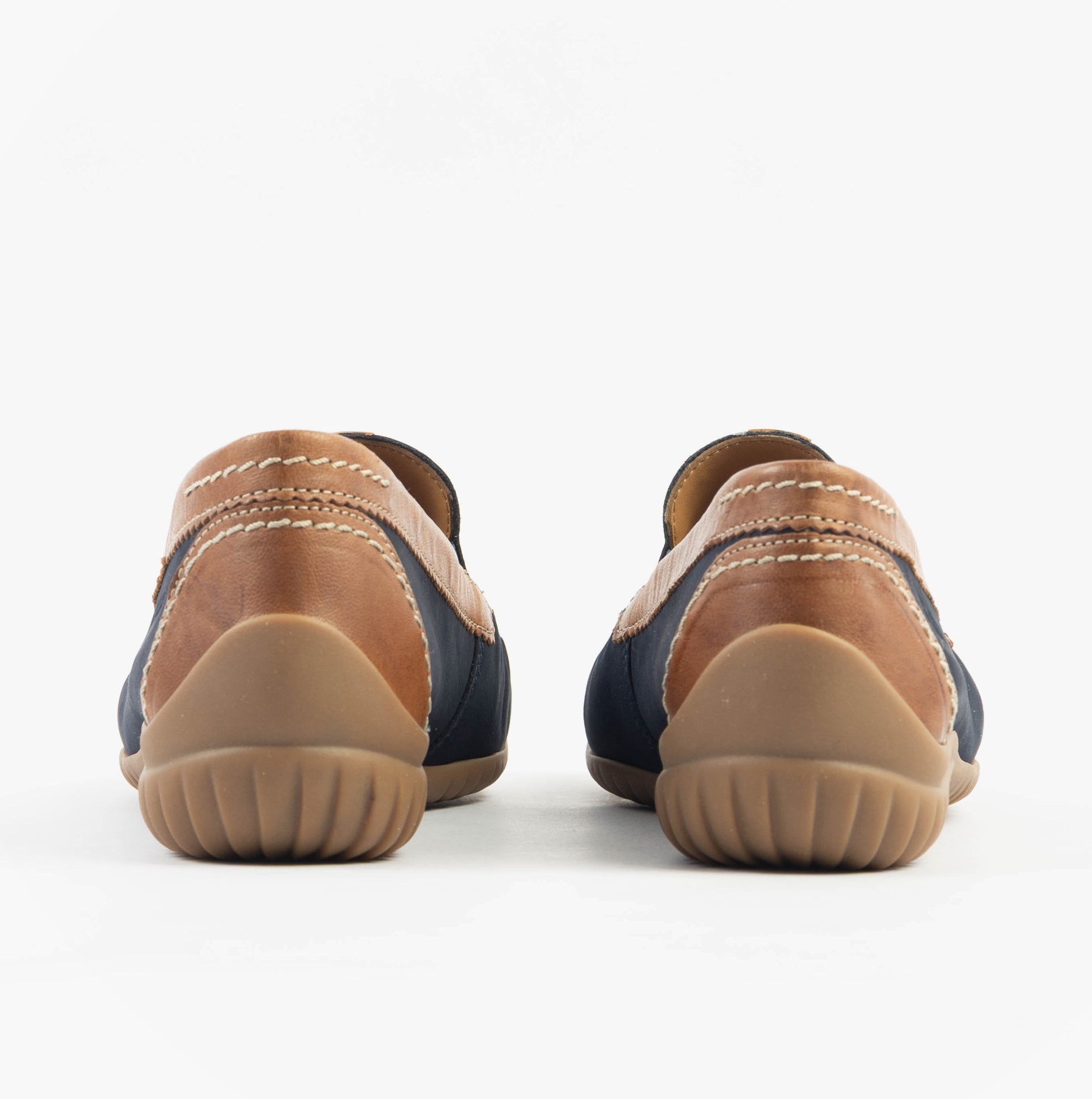 Gabor CALIFORNIA Womens Loafers Navy/New Whiskey back view showing suede and leather materials and comfortable rubber soles.