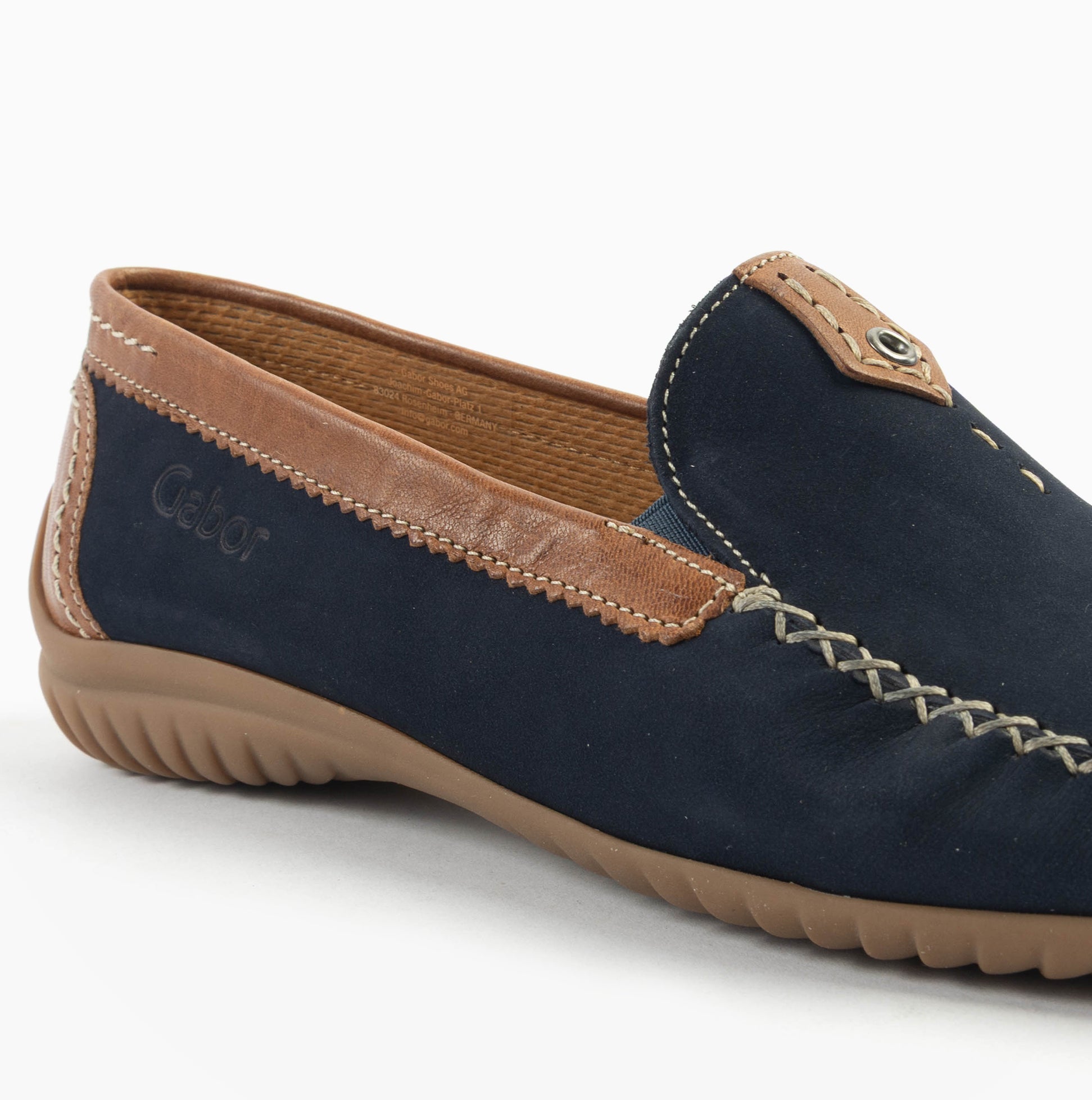 Gabor CALIFORNIA Womens Loafers Navy/New Whiskey side view showcasing suede upper and slip-on style.