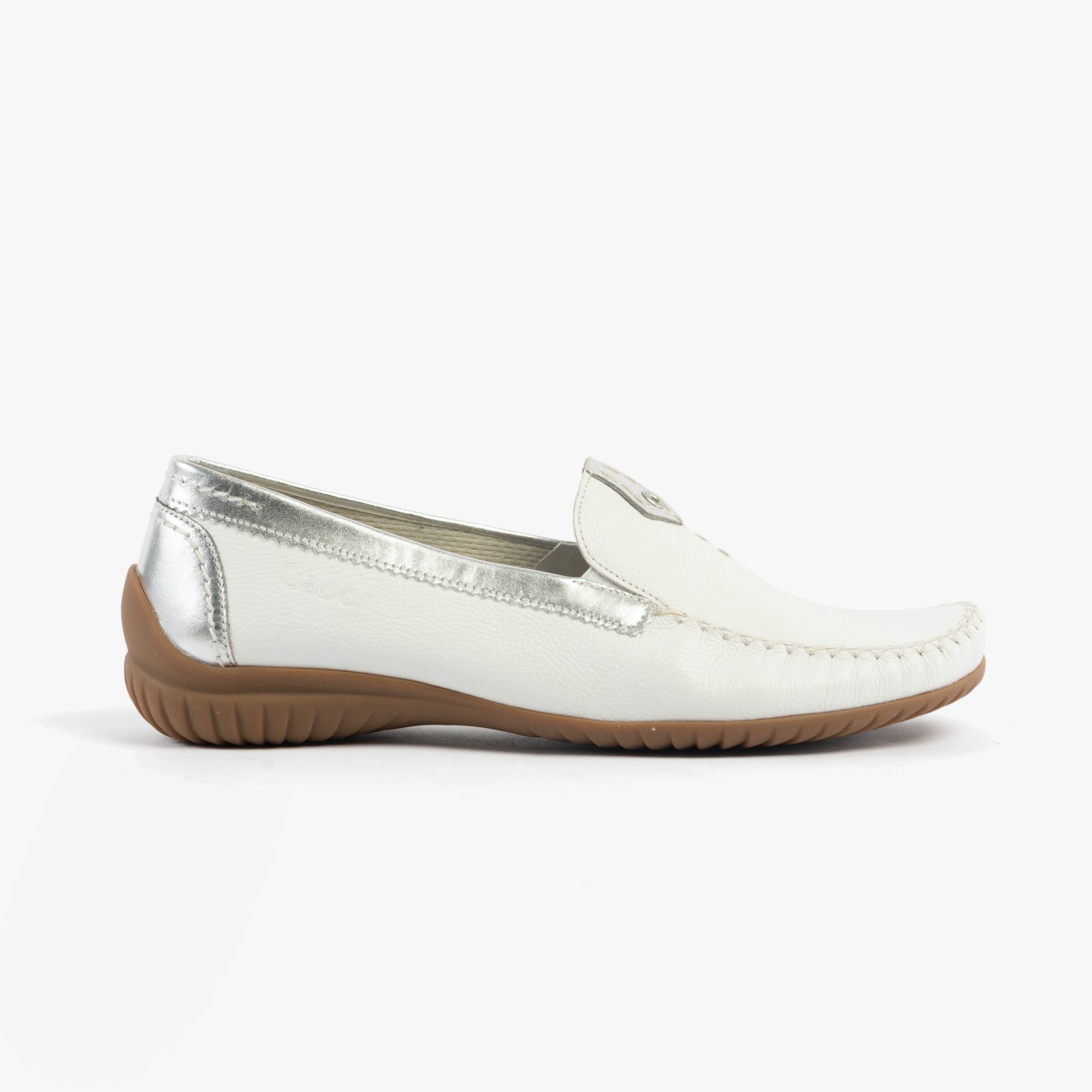 Gabor CALIFORNIA Womens Moccassins White/Silver side view showing leather upper and rubber sole.