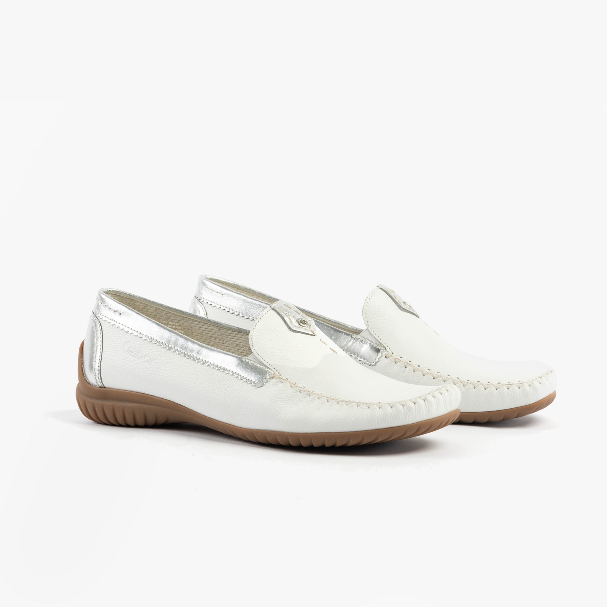 Gabor CALIFORNIA Womens Moccassins White/Silver side view showcasing leather upper and slip-on design.