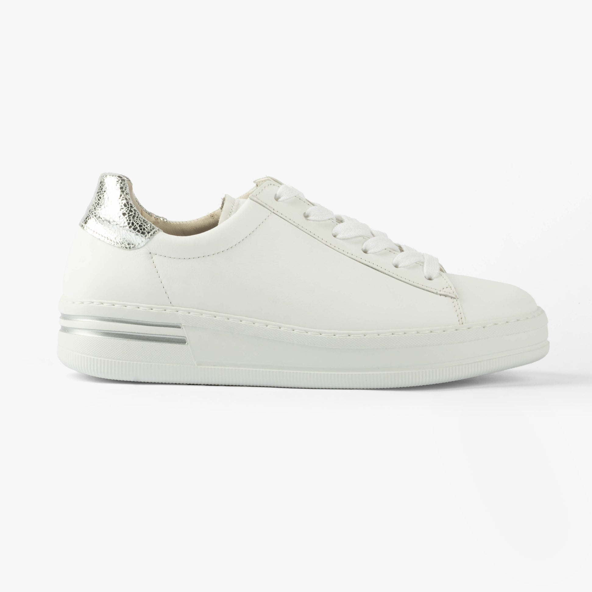 Gabor KEYSTONE Womens Trainers White/Pewter/Silver side view with lace-up closure and silver accents