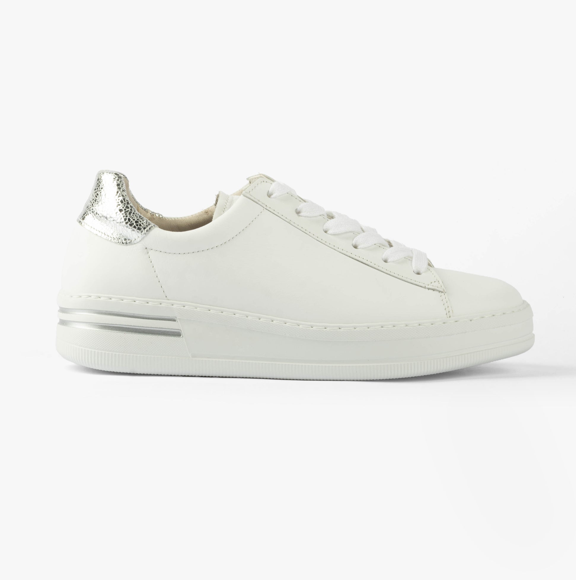 Gabor KEYSTONE Womens Trainers White/Pewter/Silver side view with lace-up closure and silver accents