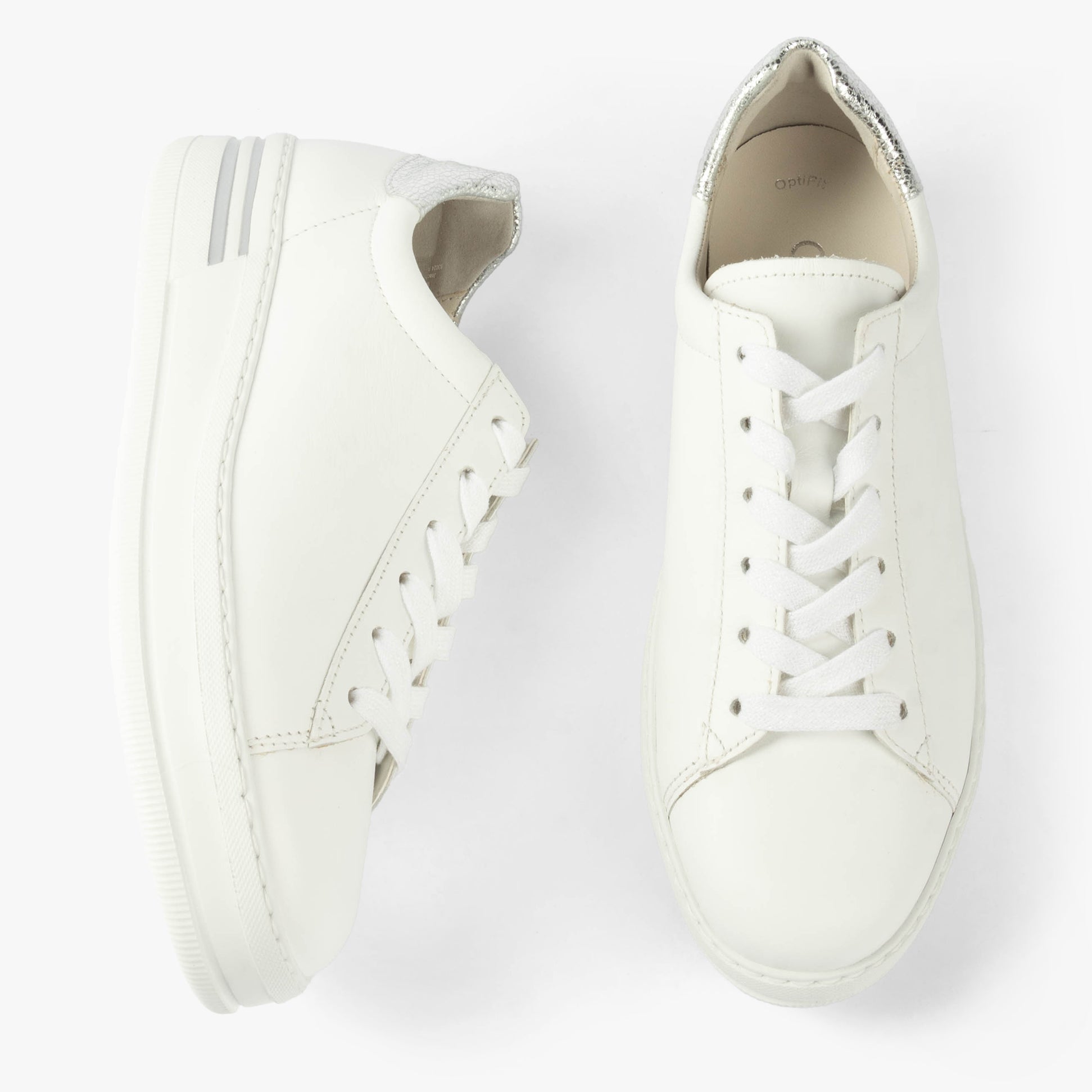 Gabor KEYSTONE Womens Trainers White/Pewter/Silver top view showing lace-up closure and sleek design.