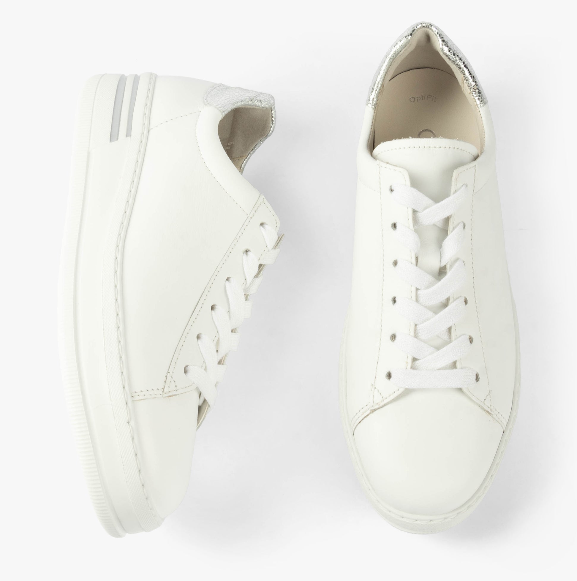 Gabor KEYSTONE Womens Trainers White/Pewter/Silver top view showing lace-up closure and sleek design.