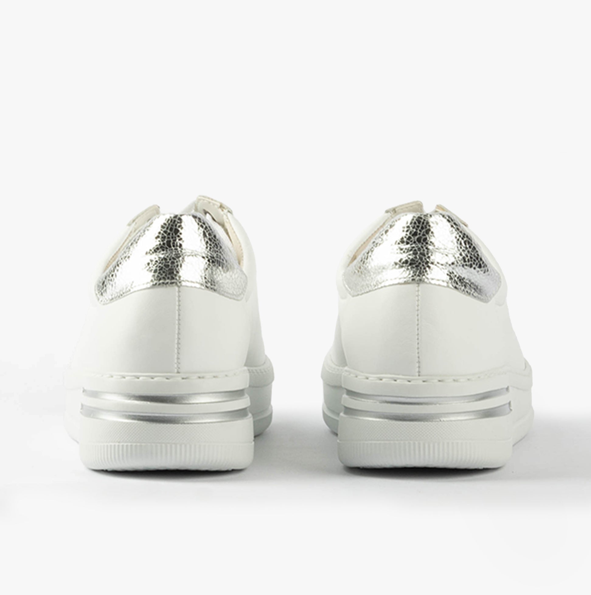Gabor KEYSTONE Womens Trainers White/Pewter/Silver back view showcasing silver detailing and rubber sole.
