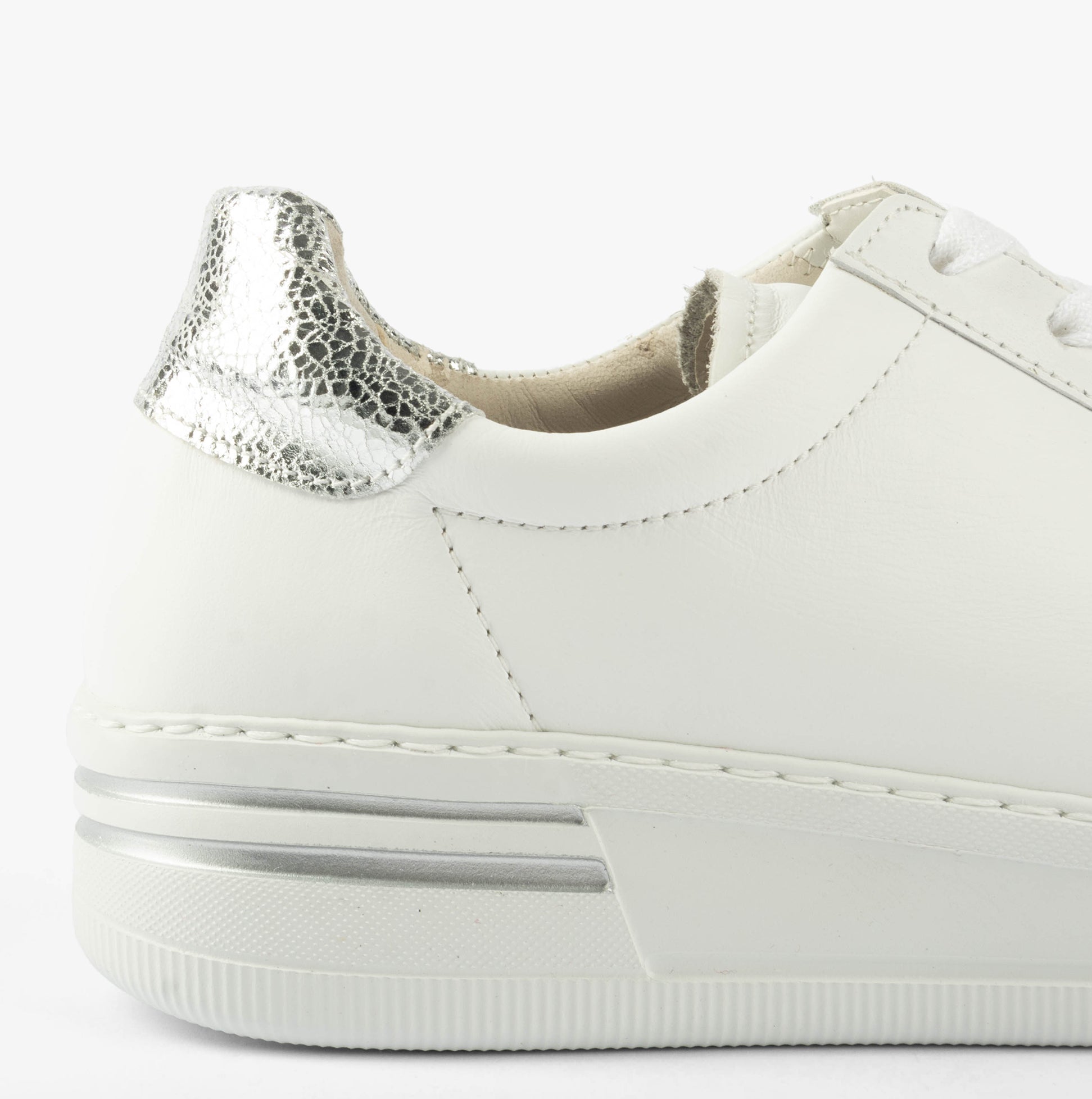 Gabor KEYSTONE Womens Trainers White/Pewter/Silver side view showcasing silver textured heel detail.