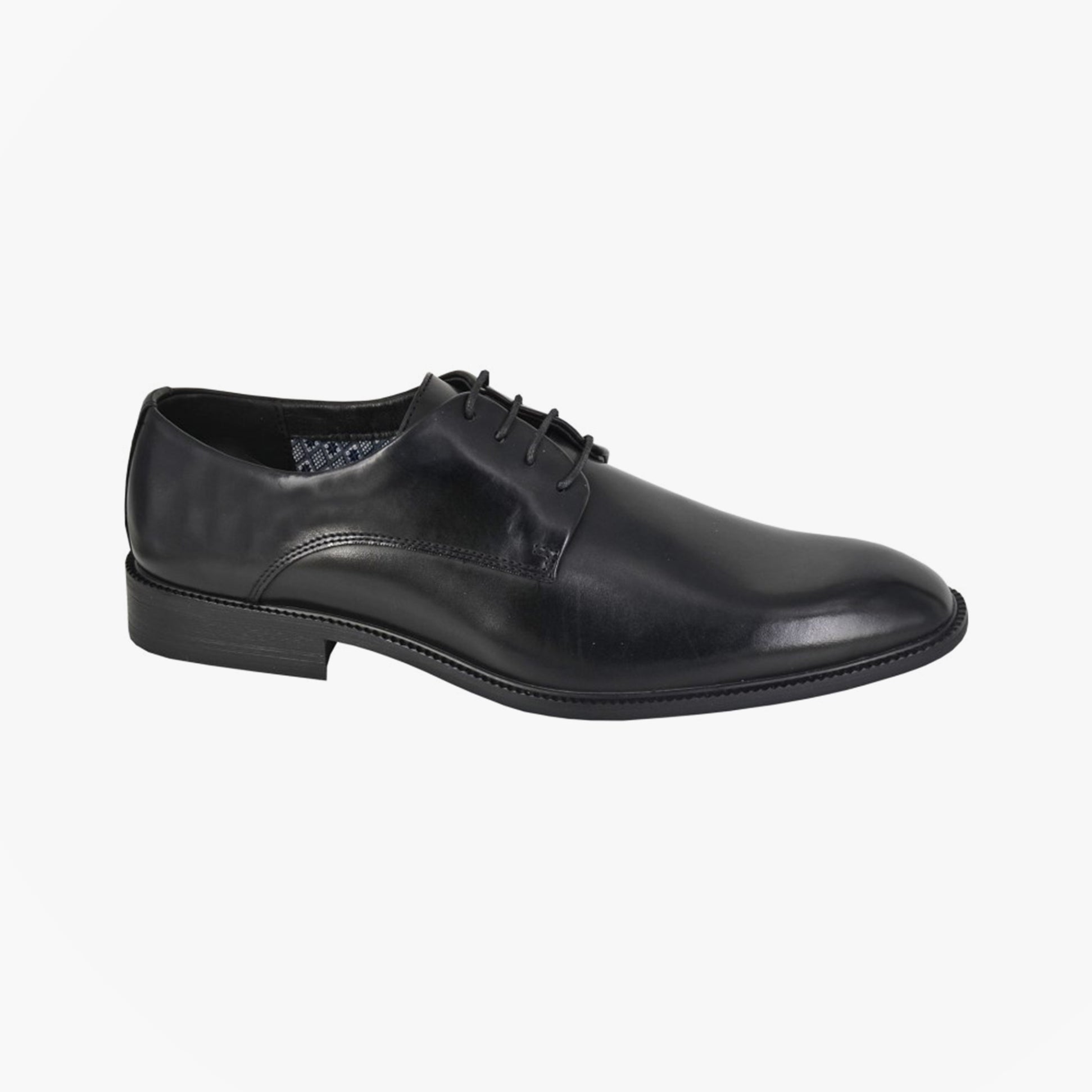 Goor M760A Mens Shoes Black side view showing lace-up Derby shoe design and low top heel.