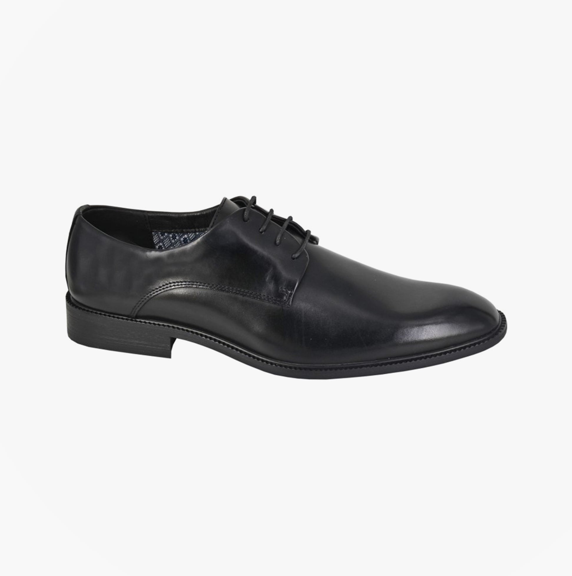 Goor M760A Mens Shoes Black side view showing lace-up Derby shoe design and low top heel.