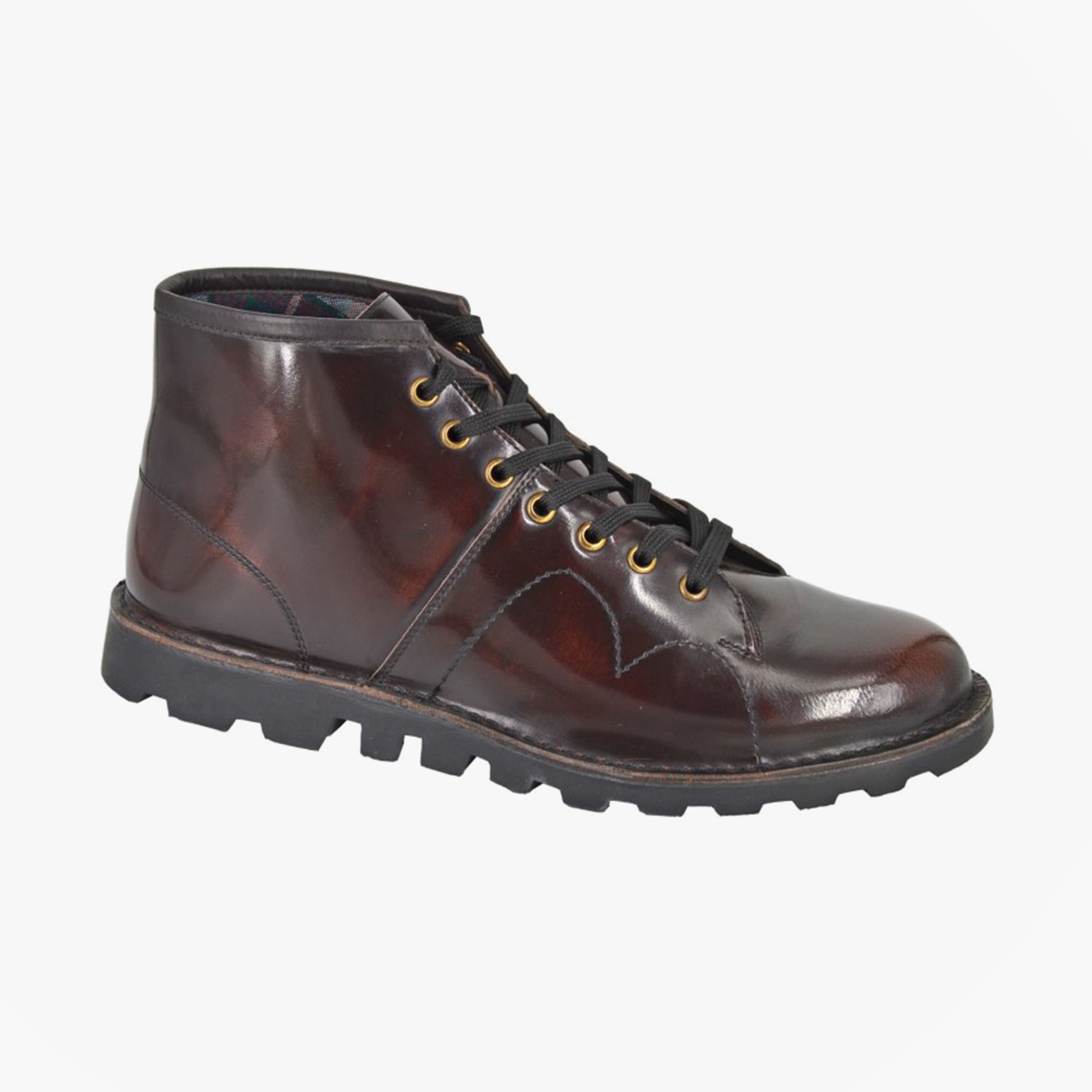 Grafters Mens Leather Monkey Boots Brush-Off Bordeaux side view with lace-up fastening, round toe, and ankle height.