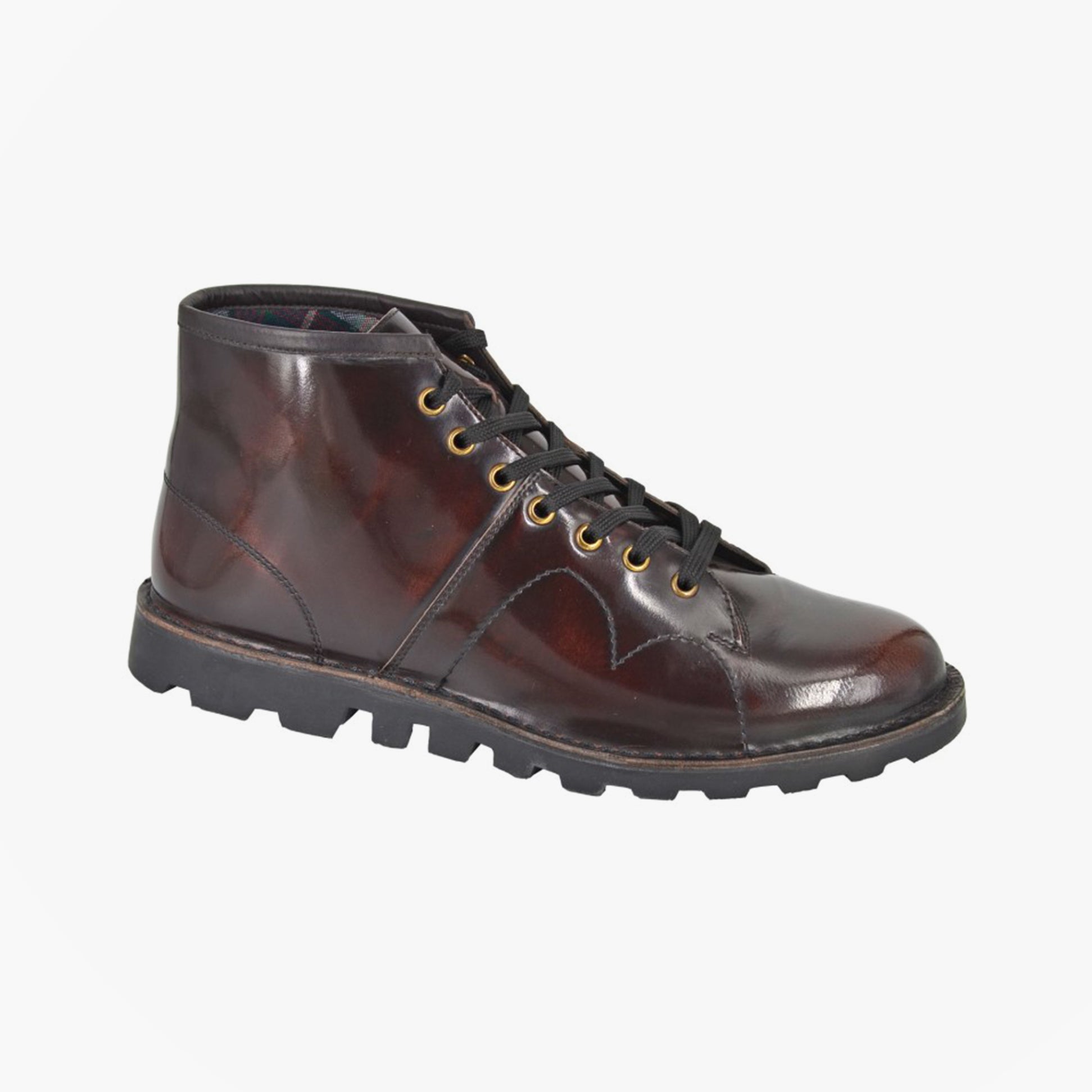Grafters Mens Leather Monkey Boots Brush-Off Bordeaux side view showing lace-up design and glossy leather finish