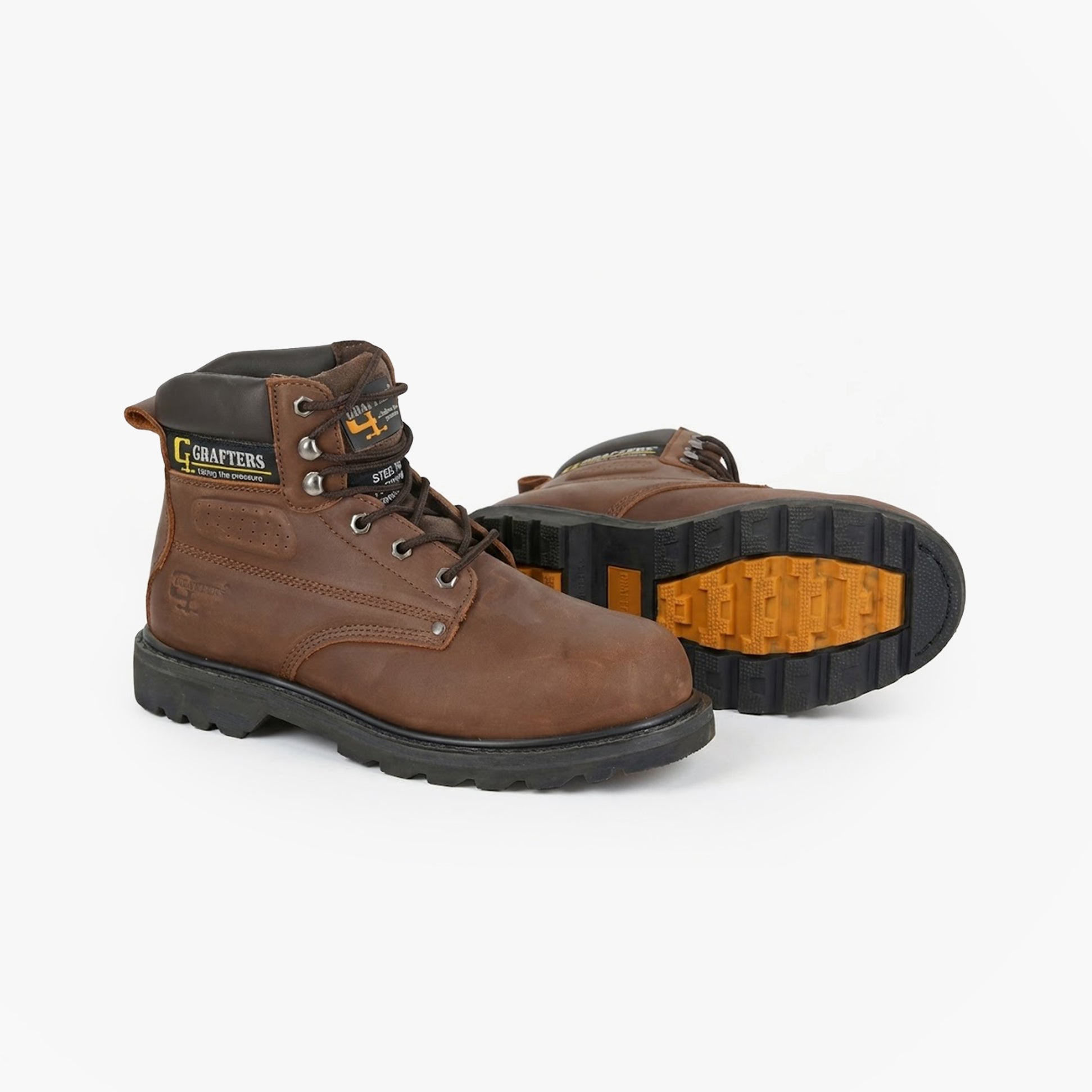 Grafters M538BY Mens Safety Boots Brown side view with lace-up closure and rubber sole.