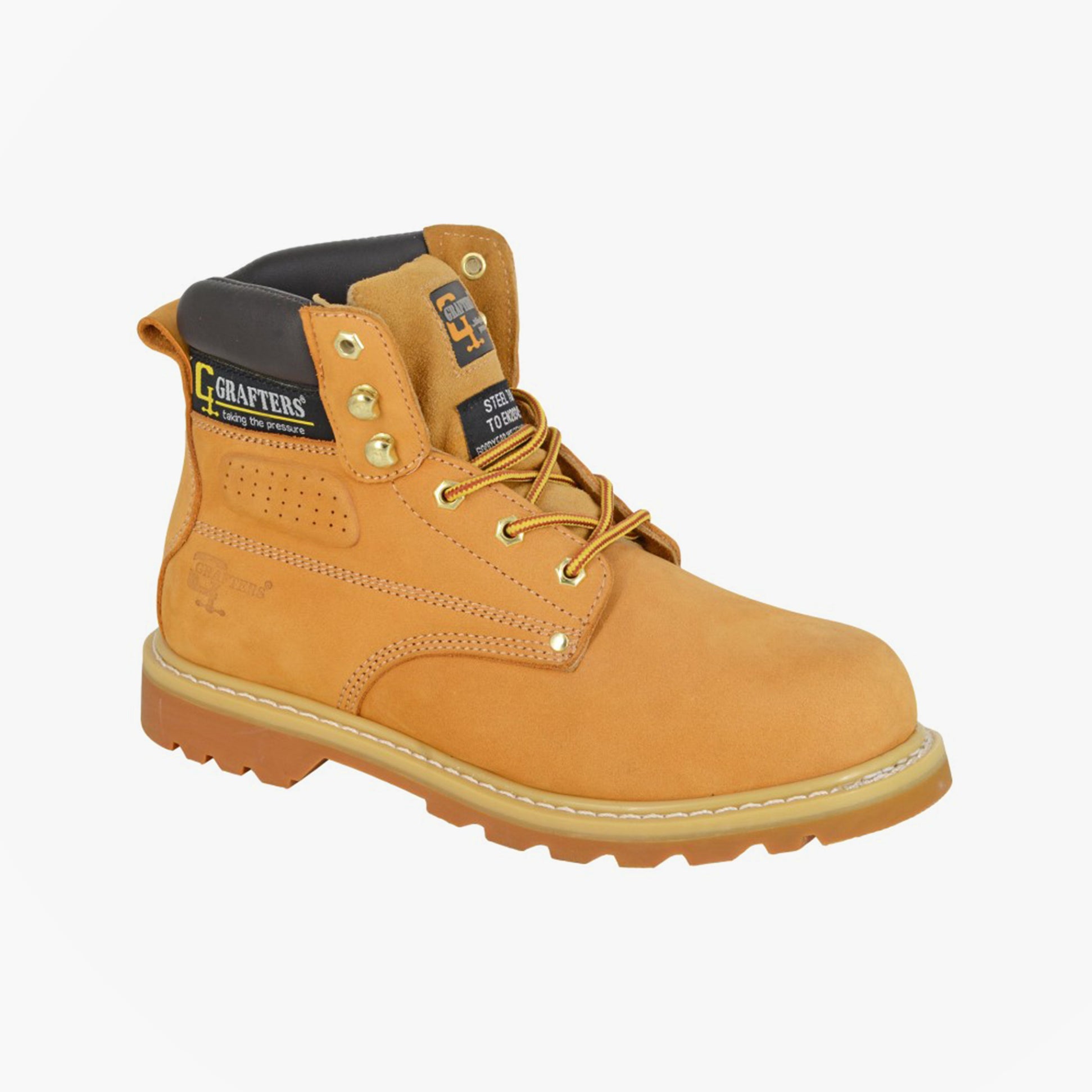 Grafters M538NY Mens Safety Boots Honey side view featuring nubuck upper and lace-up closure.