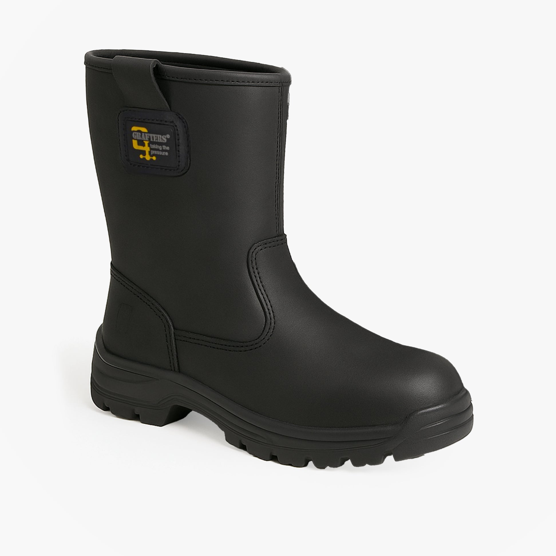 Grafters M560A Mens Safety Boots Black side view showcasing leather upper and PU sole.