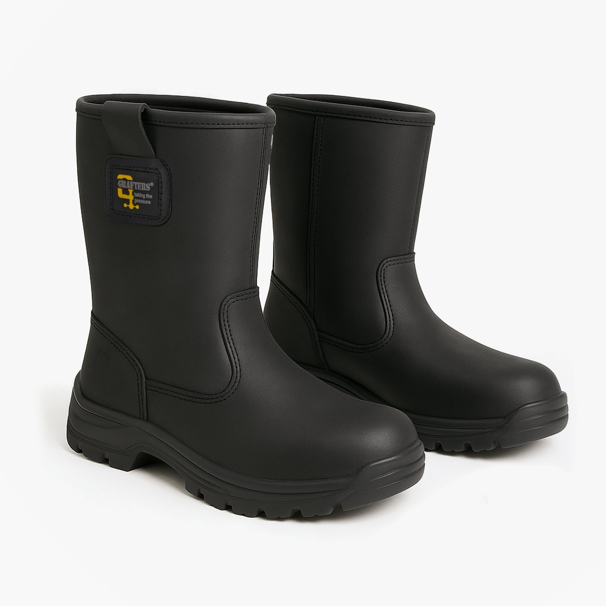 Grafters M560A Mens Safety Boots Black side view showing leather rigger boots with pull-on style and flat sole.