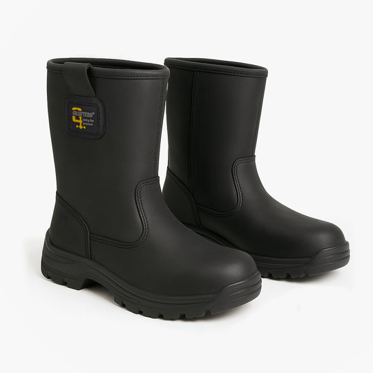 Grafters M560A Mens Safety Boots Black side view showing leather rigger boots with pull-on style and flat sole.