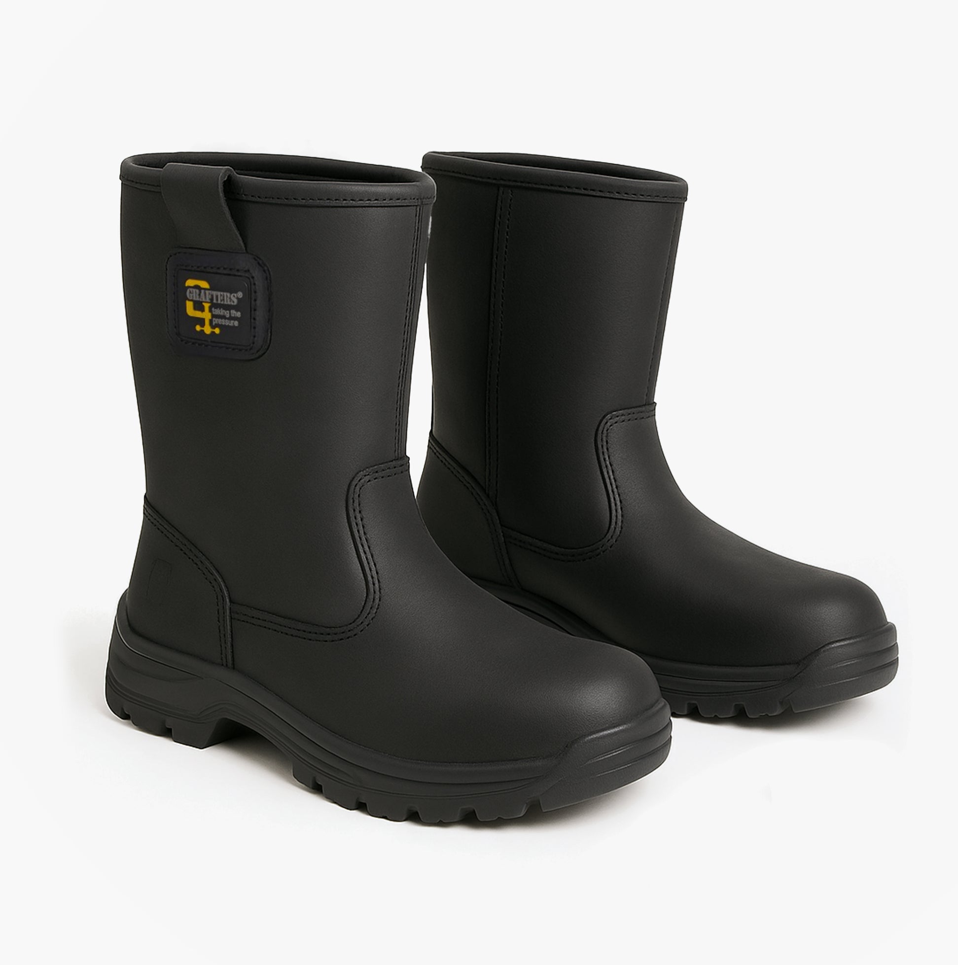Grafters M560A Mens Safety Boots Black side view showing leather rigger boots with pull-on style and flat sole.