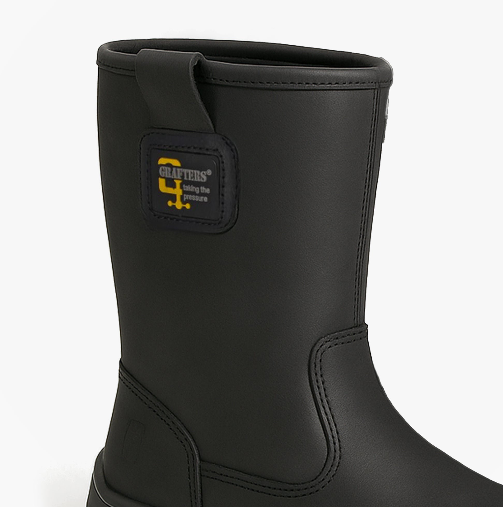 Grafters M560A Mens Safety Boots Black, side view showing upper leather and logo detail.