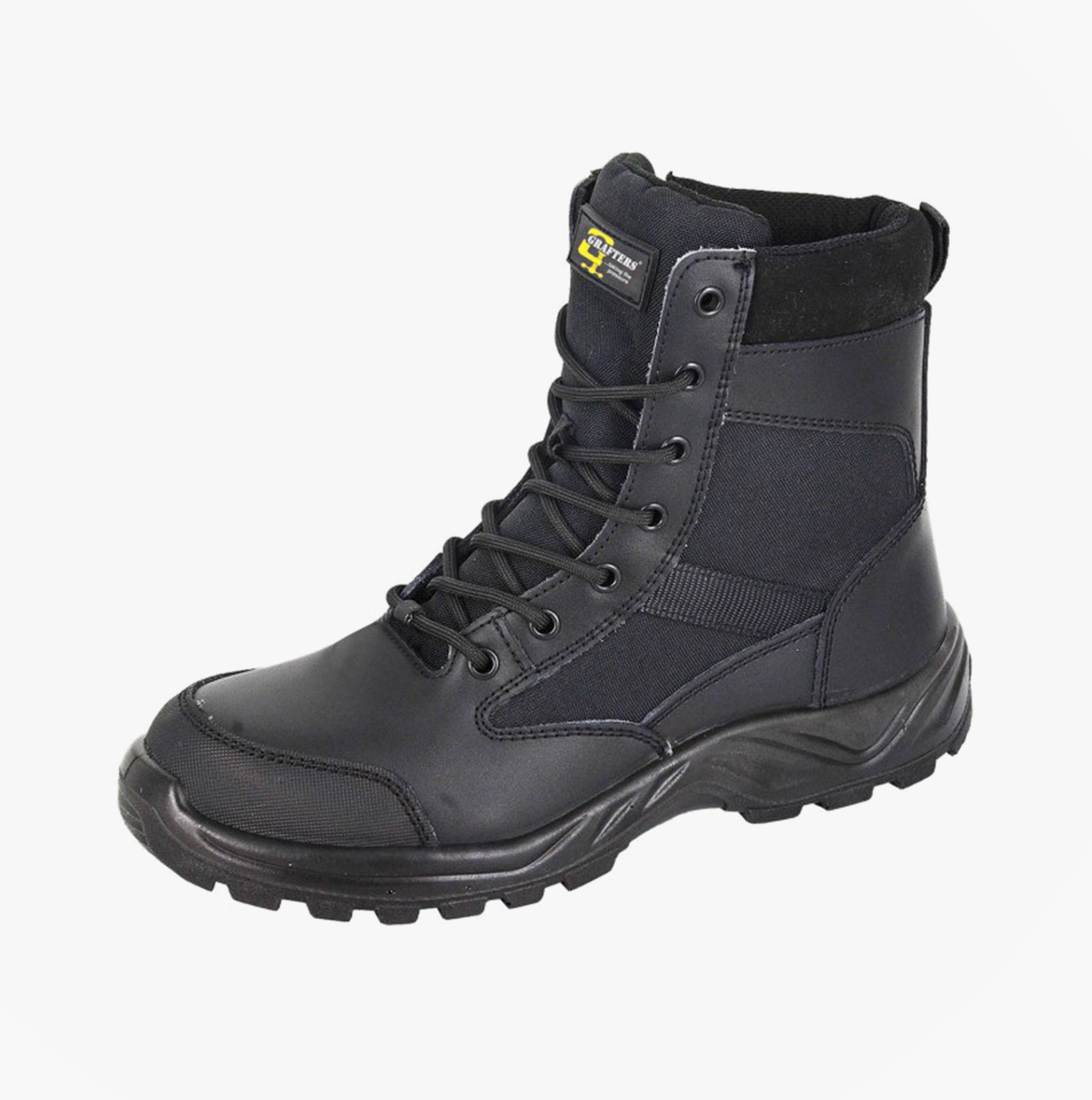 Grafters M752A DMZ6 Mens 6 Inch Safety Boots Black side view showing lace-up fastening and grip soles
