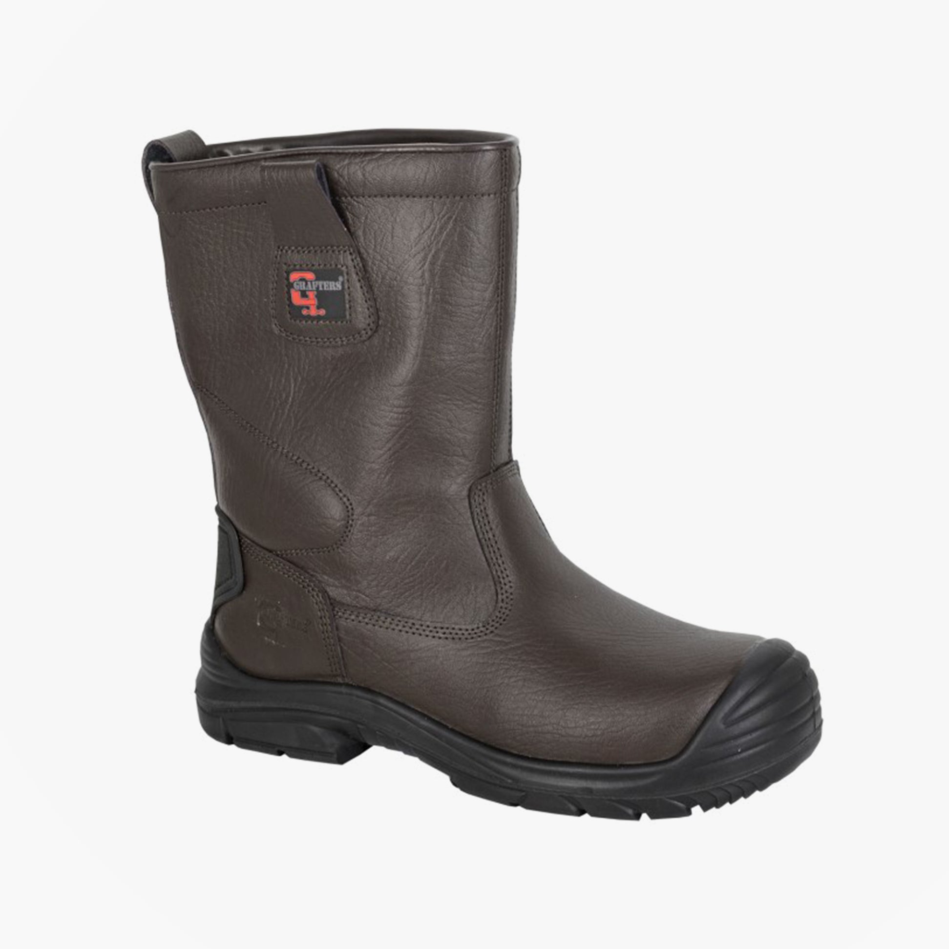 Grafters M922B Mens Safety Boots Brown side view leather rigger boots with pull-on design and round toe.
