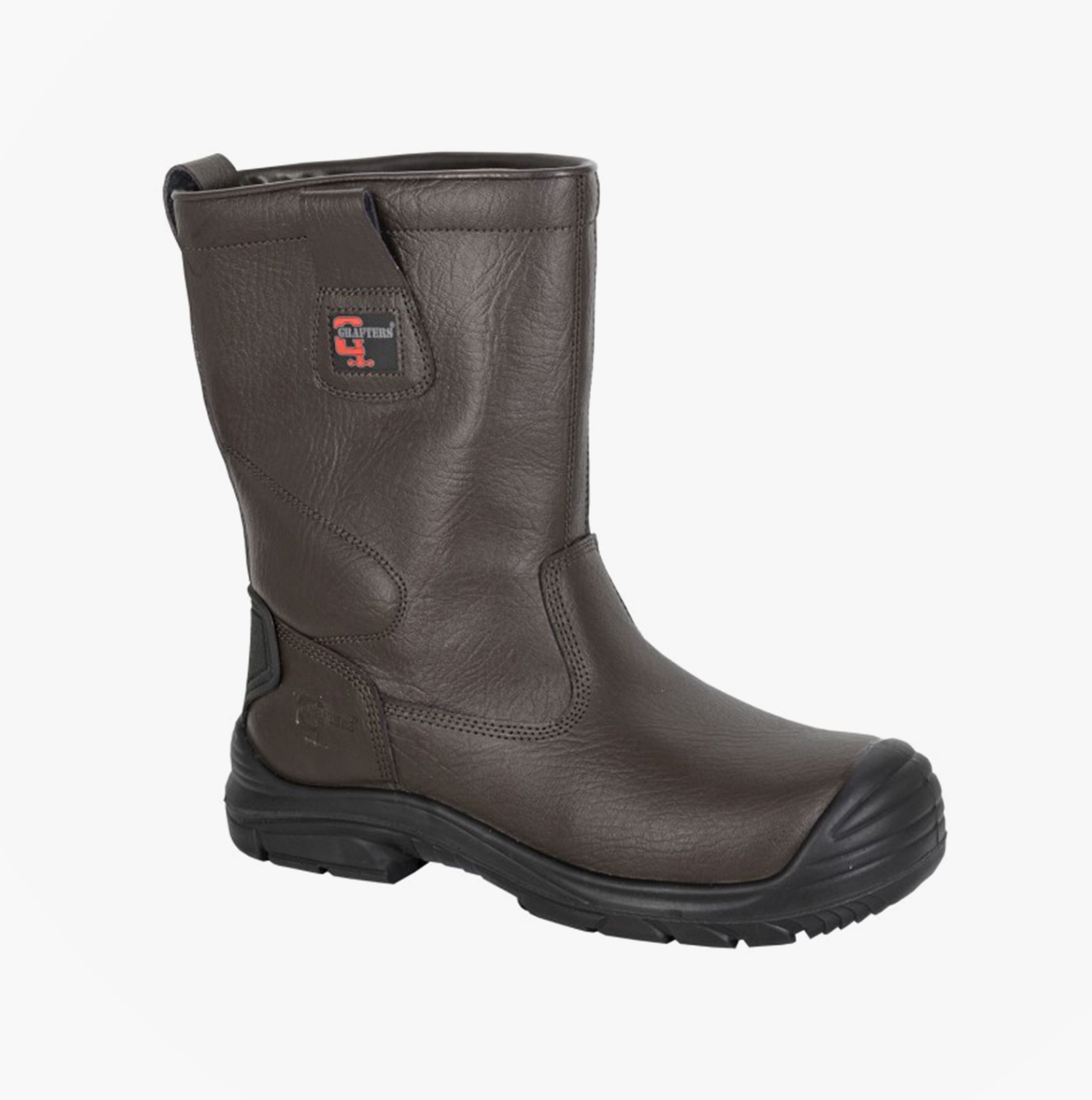 Grafters M922B Mens Safety Boots Brown side view leather rigger boots with pull-on design and round toe.