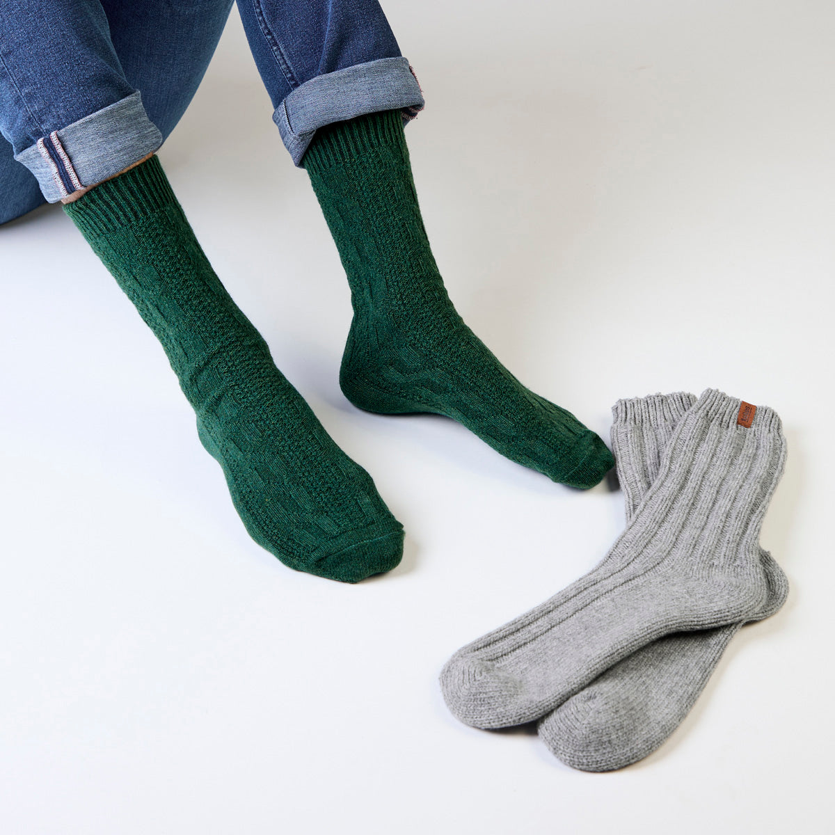 Totes Toasties CHUNKY THERMAL WOOL BLEND SLIPPER SOCKS (TWIN PACK) Mens Slipper Socks Grey / Green