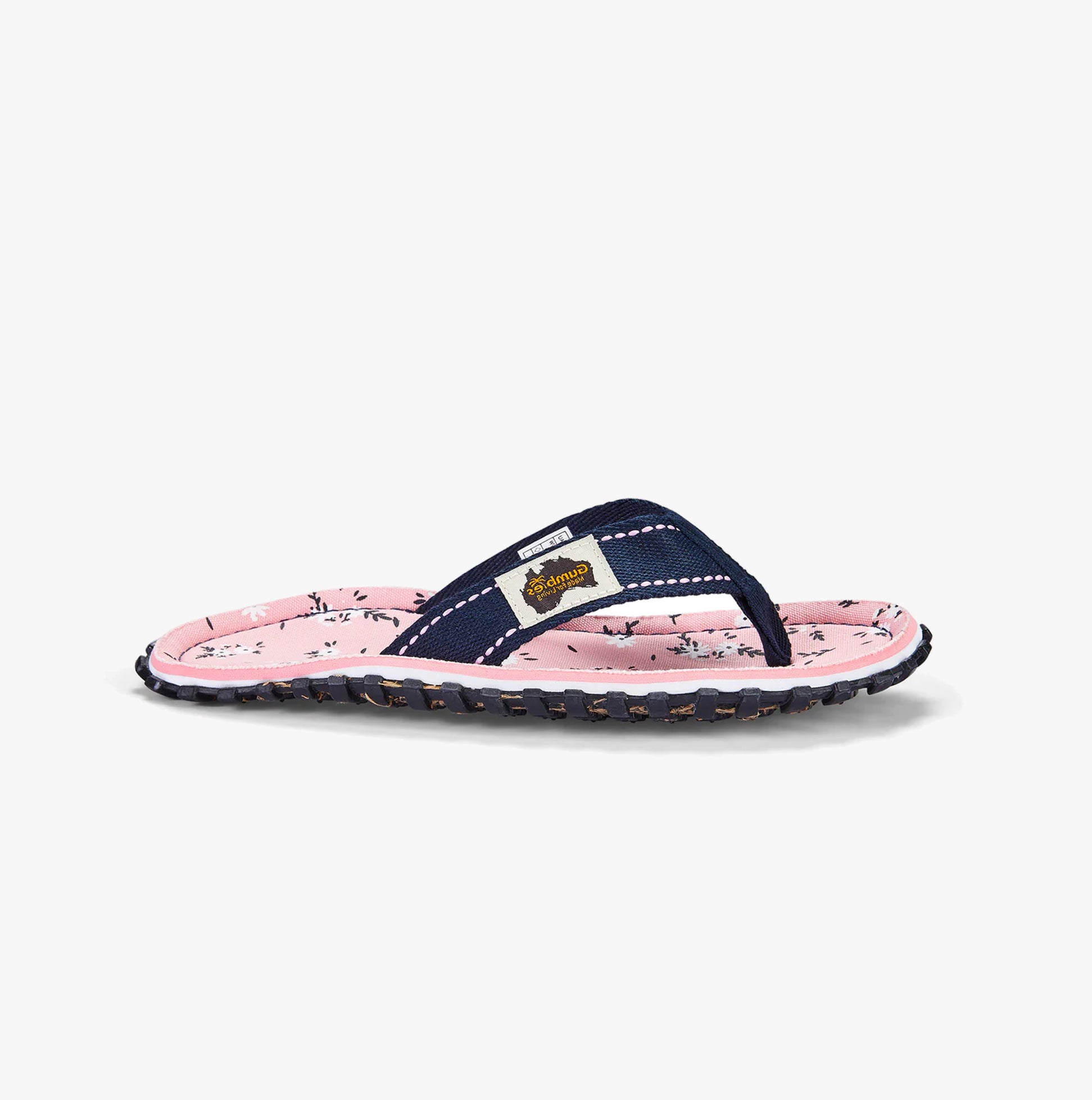 Gumbies FFISL046 ISLANDER Ladies Flip-Flops Ditsy side view showing recycled cotton canvas, pink lining, and lightweight sole.