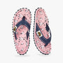 Gumbies FFISL046 ISLANDER Ladies Flip-Flops Ditsy, top view showing floral pattern and navy straps on pink background.