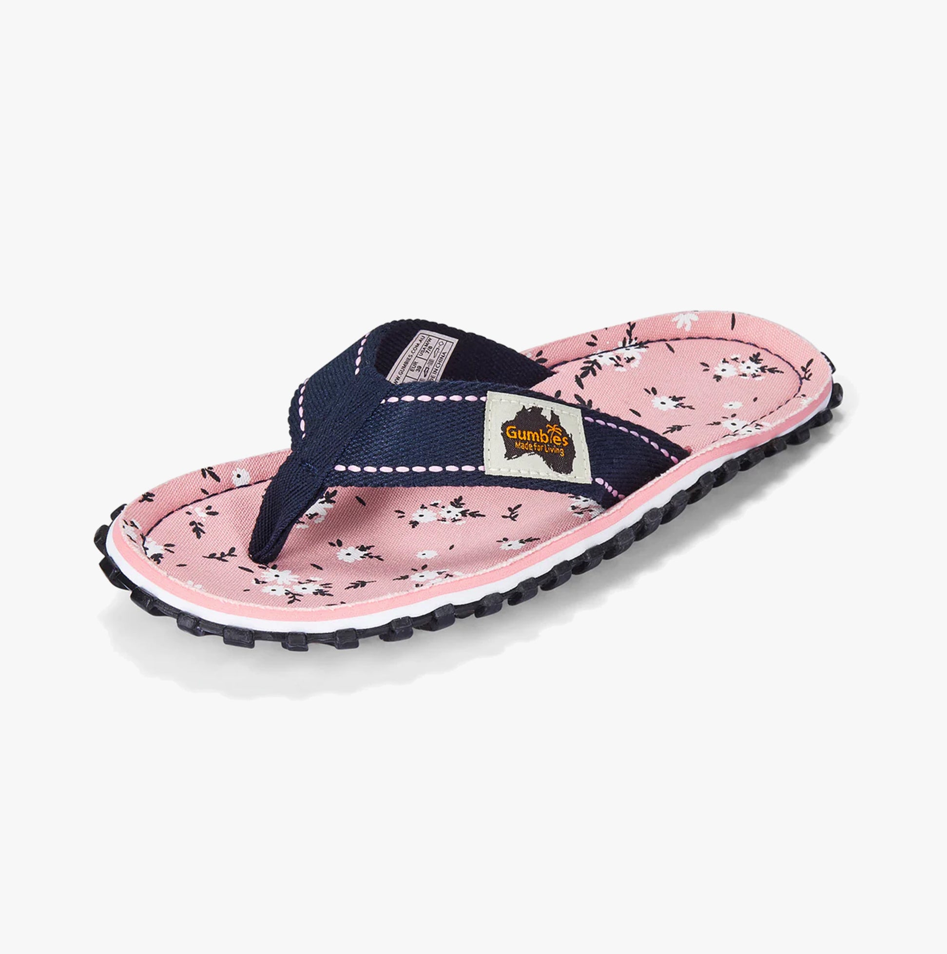 Gumbies FFISL046 ISLANDER Ladies Flip-Flops Ditsy side view featuring pink floral design and navy straps.