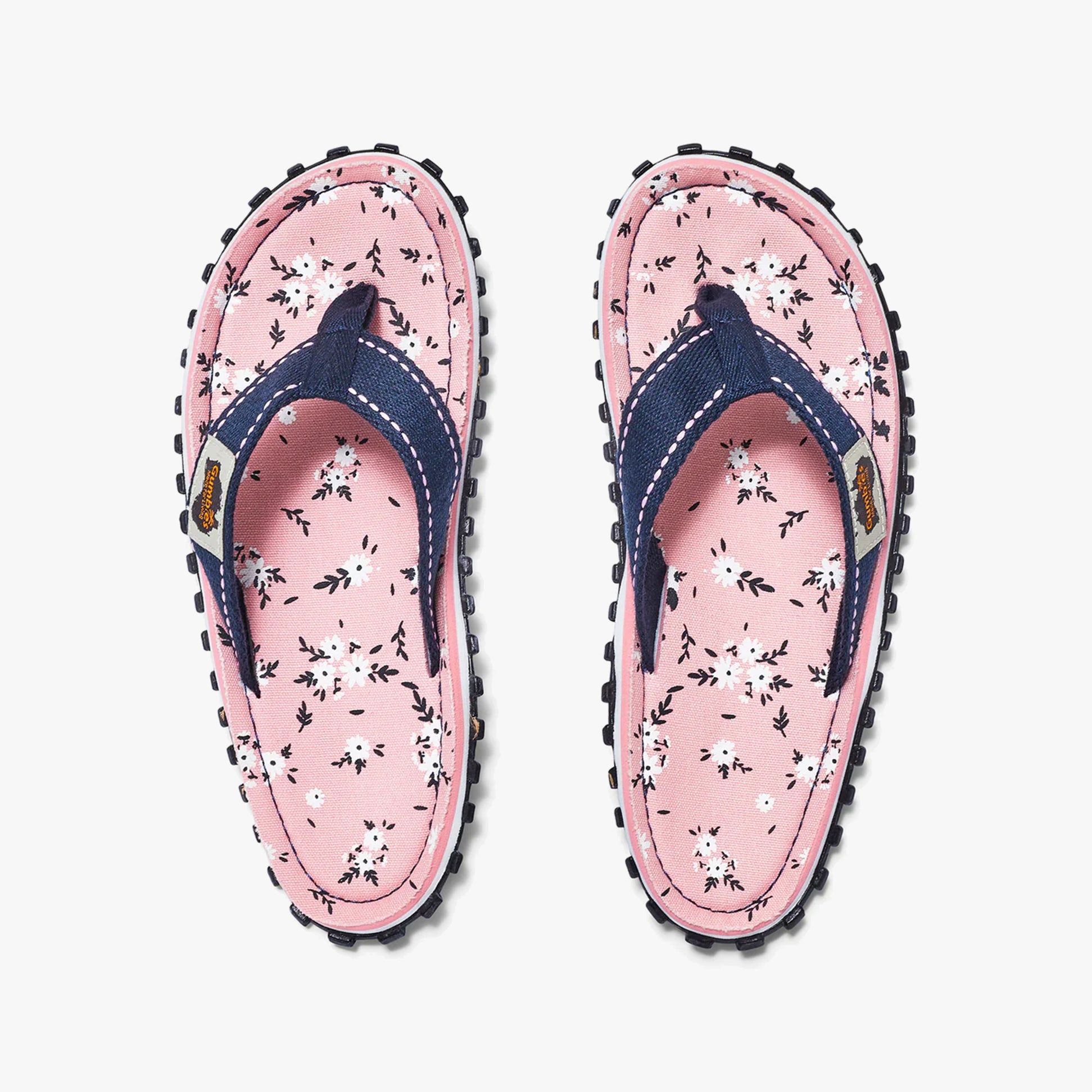 Gumbies FFISL046 ISLANDER Ladies Flip-Flops Ditsy top view showing floral design with navy straps.