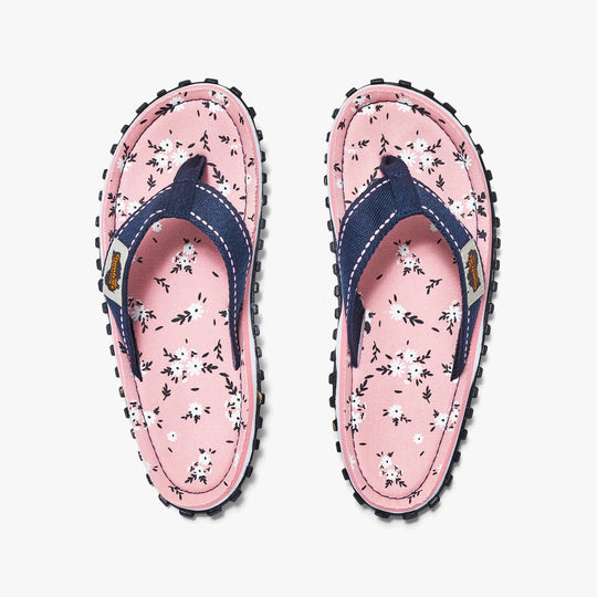 Gumbies FFISL046 ISLANDER Ladies Flip-Flops Ditsy top view showing floral design with navy straps.