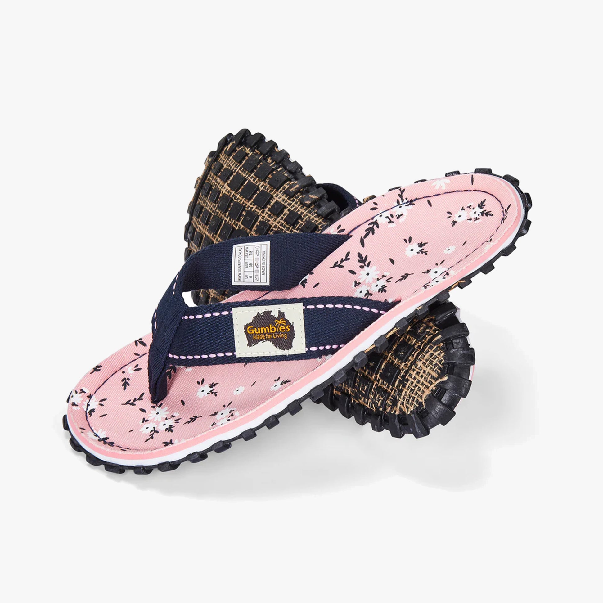 Gumbies FFISL046 ISLANDER Ladies Flip-Flops Ditsy side view with pink floral pattern and navy straps on a white background.