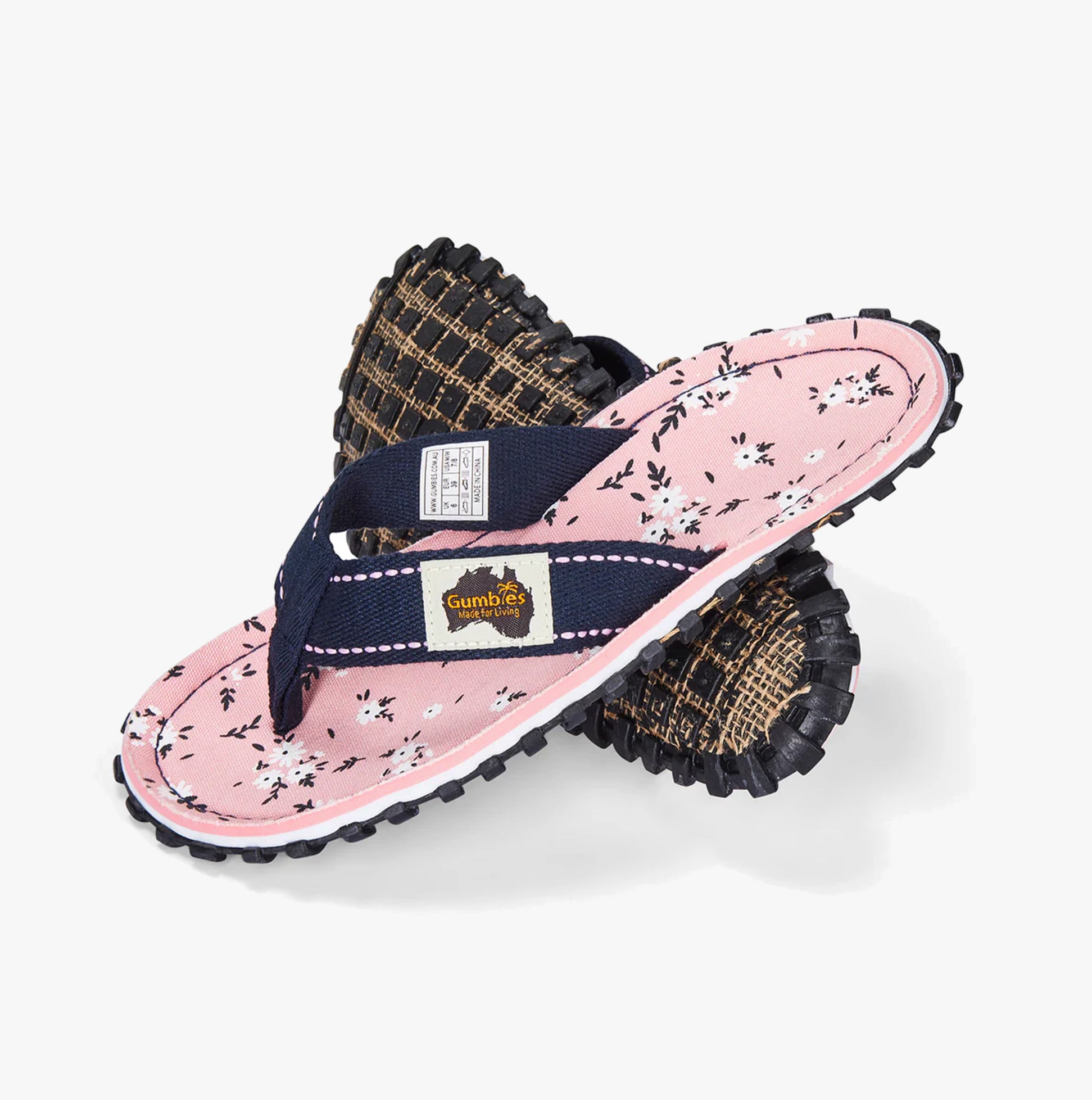 Gumbies FFISL046 ISLANDER Ladies Flip-Flops Ditsy side view with pink floral pattern and navy straps on a white background.
