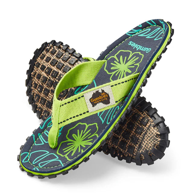 Gumbies ISLANDER Unisex Flip-Flops Lime Hibiscus side view showcasing contoured footbed and recycled rubber sole.