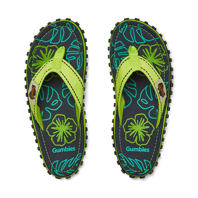 Gumbies ISLANDER Unisex Flip-Flops Lime Hibiscus top view showcasing vibrant floral design and slip-on style.