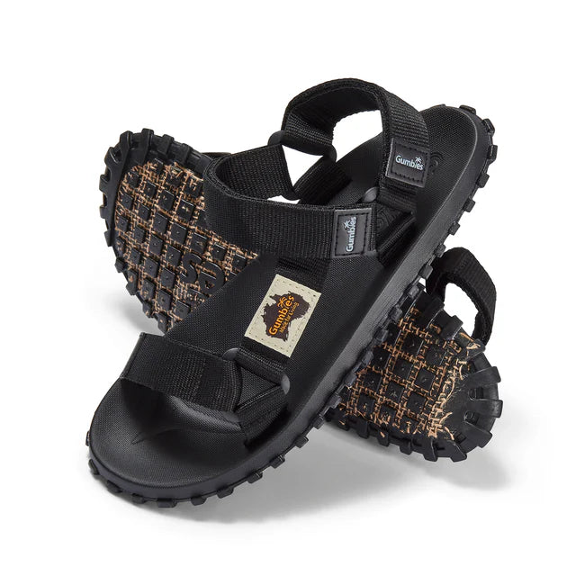 Gumbies SCRAMBLER Unisex Sandals Black side view showcasing recycled PET upper and rubber sole.