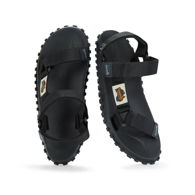Gumbies SCRAMBLER Unisex Sandals Black top view showcasing straps and contoured footbed.