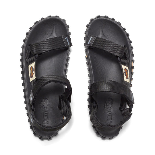Gumbies SCRAMBLER Unisex Sandals Black top view showcasing recycled materials and contoured footbed.