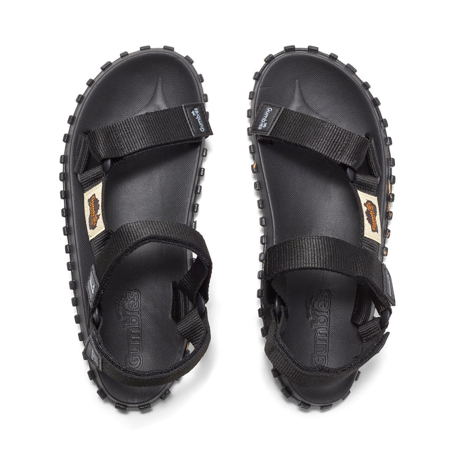 Gumbies SCRAMBLER Unisex Sandals Black top view showcasing recycled materials and contoured footbed.