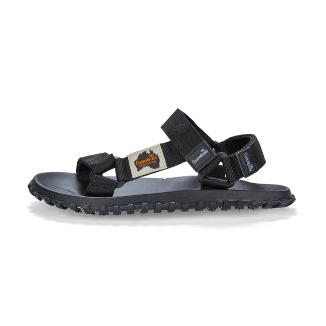 Gumbies SCRAMBLER Unisex Sandals Black side view showcasing recycled PET upper and contoured footbed.