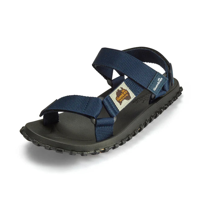 Gumbies SCRAMBLER Unisex Sandals Navy side view showing recycled PET upper and touch fastening.