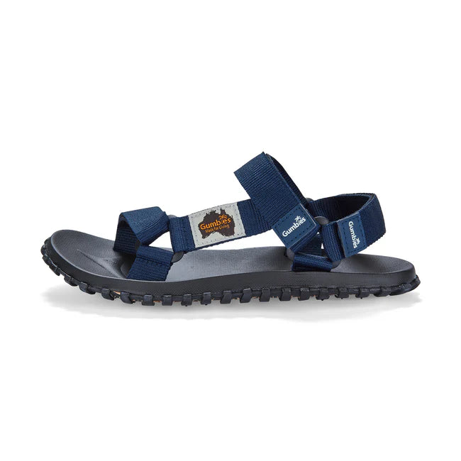 Gumbies SCRAMBLER Unisex Sandals Navy side view showing recycled materials and flat sole design.